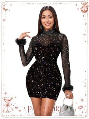 Rhinestone Sequin Bodycon Mini Dress Long Sleeve Feather Club Party